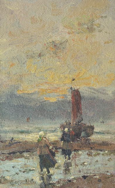 Munthe G.A.L.  | Fischerfrauen auf dem Strand, Öl auf Leinwand auf Holz 23,2 x 14,2 cm, Unterzeichnet l.u. und ca. 1914