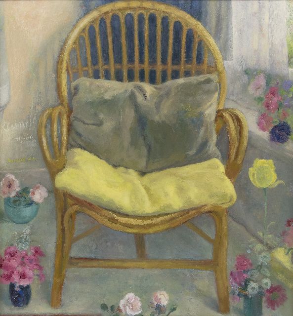 Schultze P.  | Der Stuhl im Gartenzimmer, Öl auf Holzfaser 69,3 x 64,3 cm, Unterzeichnet M.u. und verso datiert 24 Juli '60