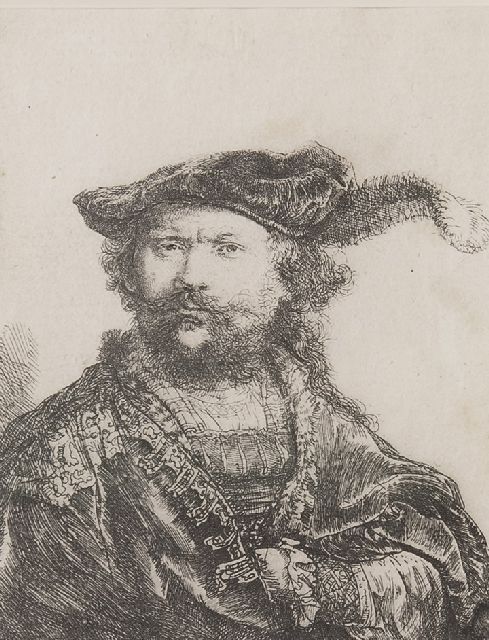 Rembrandt (Rembrandt Harmensz. van Rijn)   | Selbstporträt in samtenem Barett mit Feder, Radierung auf Papier 13,4 x 10,3 cm