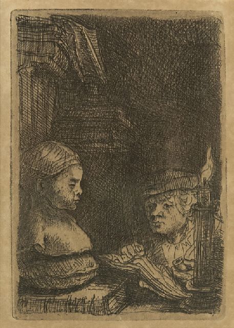 Rembrandt | Ein Mann zeichnet nach einem Gipsmodell, Radierung auf Papier, 9,3 x 6,3 cm