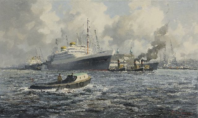 Drulman M.J.  | Ozeandampfer vom HAL im Hafen von Rotterdam, Öl auf Leinwand 60,1 x 100,1 cm, Unterzeichnet u.r.mit Pseudonym 'M. de Jongere'