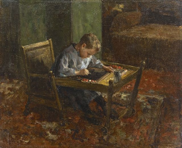 Kever J.S.H.  | Kind bei den Hausaufgaben, Öl auf Leinwand 54,2 x 66,3 cm, Unterzeichnet u.r.