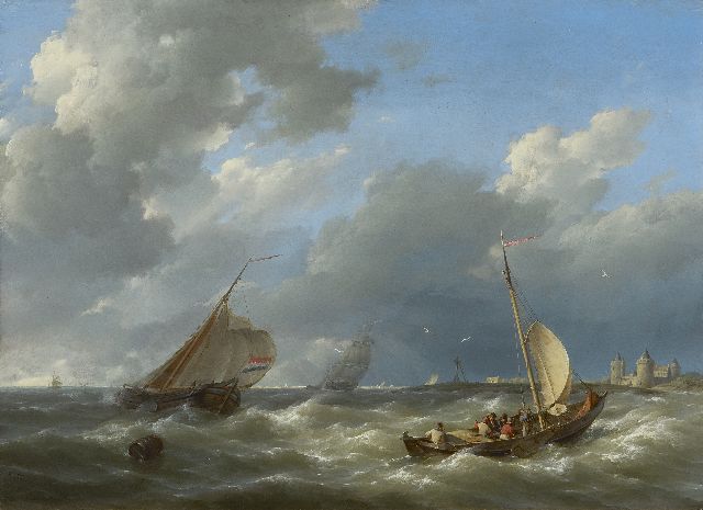 Hermanus Koekkoek | Segelschiffe auf unruhiger See bei dem Muiderslot, Öl auf Holz, 29,5 x 40,7 cm, Unterzeichnet u.l. und datiert 1842