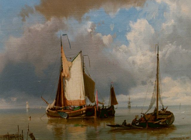 Jan H.B. Koekkoek | Shipping in a calm, Öl auf Leinwand, 24,0 x 32,0 cm, signed l.r. und dated 1861