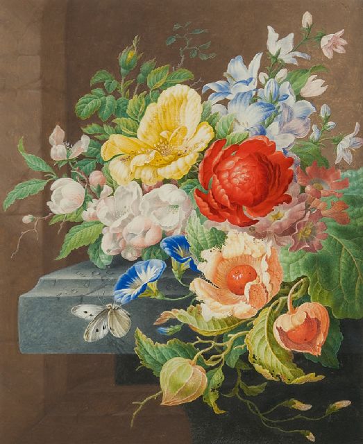 Herman Henstenburgh | Stilleben mit Blumen und Schmetterling, Aquarell auf Papier, 31,0 x 25,5 cm, Unterzeichnet M.l. und te dateren ca. 1700