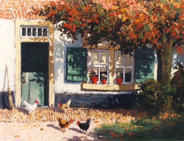 Rossum J.W. van | A farmyard with chickens, Öl auf Malerpappe 19,0 x 24,0 cm, signed l.r.