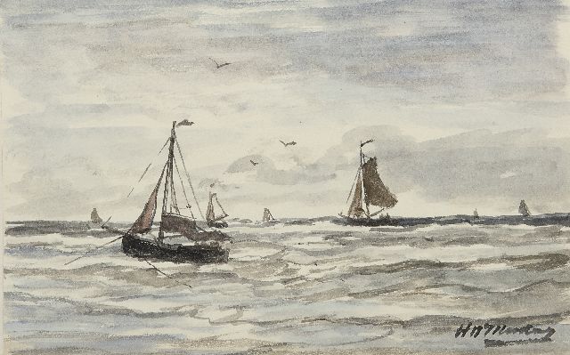 Hendrik Willem Mesdag | Fischerboote in der Brandung, Scheveningen, Aquarell auf Papier, 13,2 x 21,0 cm, Unterzeichnet u.r.