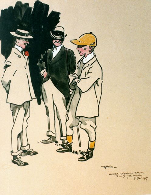 Sluiter J.W.  | Talking with the jockey, Ausziehtusche auf Papier 26,5 x 20,8 cm, signed l.r. und executed on Jan. 6th 1907