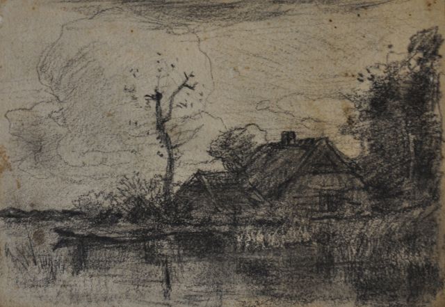 Willem Bastiaan Tholen | Bauernhof in Polderlandschaft, Holzkohle  auf Papier, 10,1 x 15,1 cm