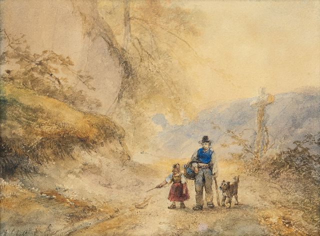 Andreas Schelfhout | Spaziergänger mit Hund auf einem Landweg, Bleistift und Aquarell auf Papier, 23,3 x 30,5 cm, Unterzeichnet l.u.