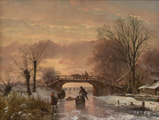 Abraham van der Wayen Pieterszen | Vergnügen auf dem Eis im Sonnenuntergang, Öl auf Leinwand, 48,5 x 65,3 cm, Unterzeichnet l.u.
