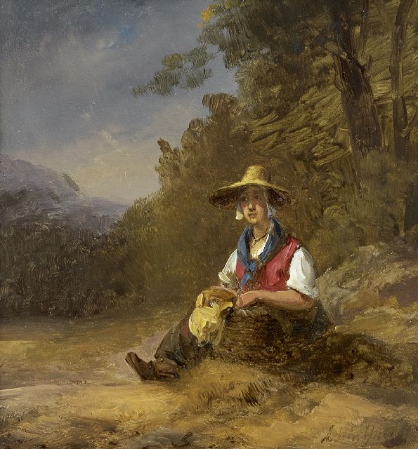 Andreas Schelfhout | Ruhende Bäuerin mit Weidenkorb, Öl auf Holz, 16,8 x 15,5 cm, Unterzeichnet u.r.