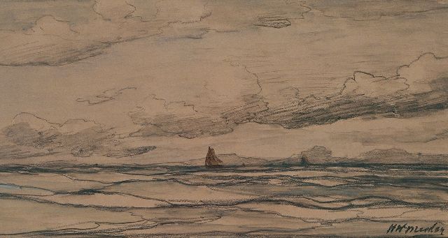 Hendrik Willem Mesdag | Meer mit 'Bomschiffe' in der Ferne, Schwarze Kreide auf Papier, 18,0 x 34,2 cm, Unterzeichnet u.r.