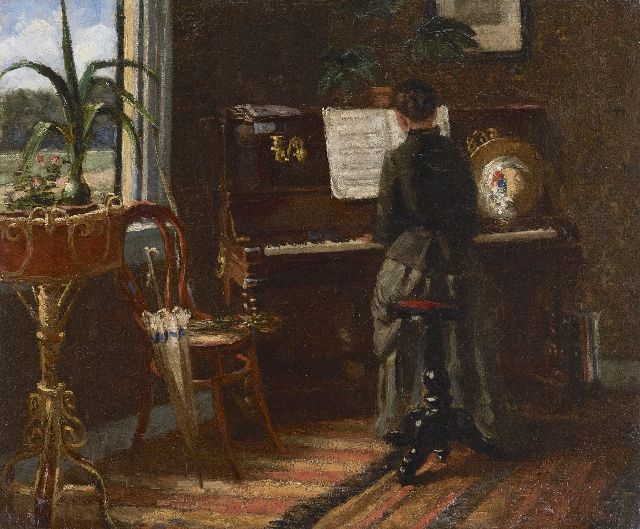 Jacob Hendrik Geerlings | Am Klavier, Öl auf Leinwand, 37,6 x 45,3 cm, Unterzeichnet u.r. mit Initialen