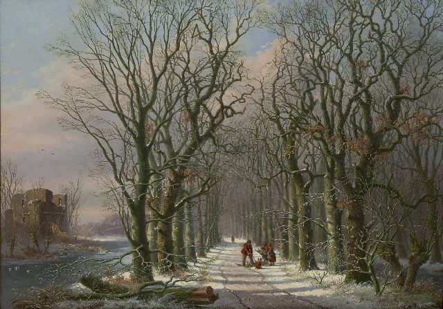 Anthony Andreas de Meijier | Figuren auf einem Waldpfad im Winter, Öl auf Holz, 51,7 x 73,4 cm, Unterzeichnet r.u.
