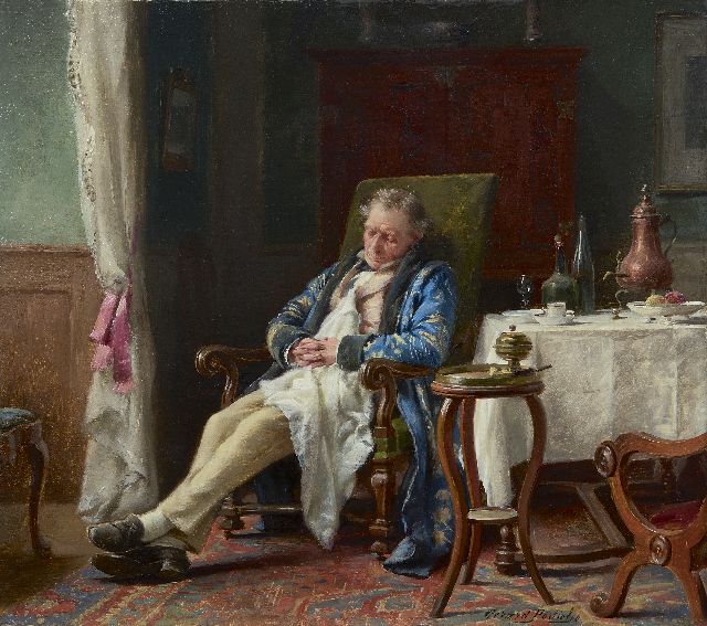 'Gerard' Joseph Portielje | Ein Nickerchen nach der Mahlzeit, Öl auf Tafel, 24,1 x 27,3 cm, Unterzeichnet r.u.