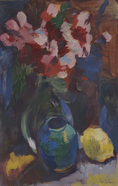 Toon Kelder | Stillleben mit Blumen, eine Vase und eine Zitrone, Gouache auf Papier, 40,0 x 28,2 cm, Unterzeichnet u.r.