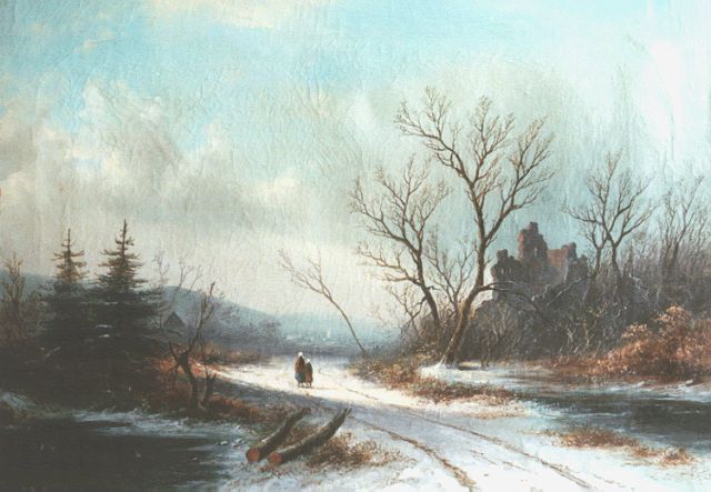 Jan Jacob Spohler | Travellers on a snow-covered path, Öl auf Leinwand, 35,0 x 49,5 cm, signed l.l.