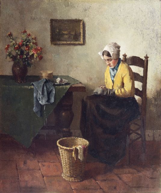 Evert Jan Ligtelijn | Ruhiges Nähstündchen, Öl auf Holz, 35,0 x 29,3 cm, Unterzeichnet u.l.