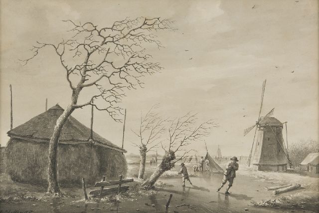 Schelfhout A.  | Schlittschuhläufer auf Bauernfahrt, Feder, Pinsel und Tinte auf Papier 26,1 x 38,0 cm, Unterzeichnet u.l. und zu datieren ca. 1805-1810