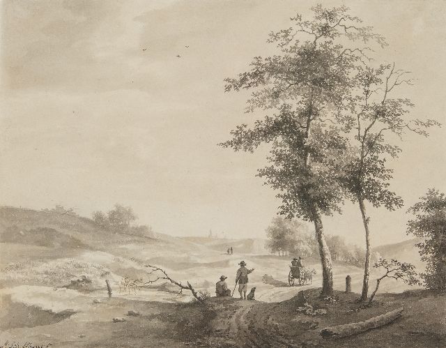 Andreas Schelfhout | Reisende in einer Hügellandschaft, Feder, Pinsel und Tinte auf Papier, 26,6 x 33,7 cm, Unterzeichnet u.l.