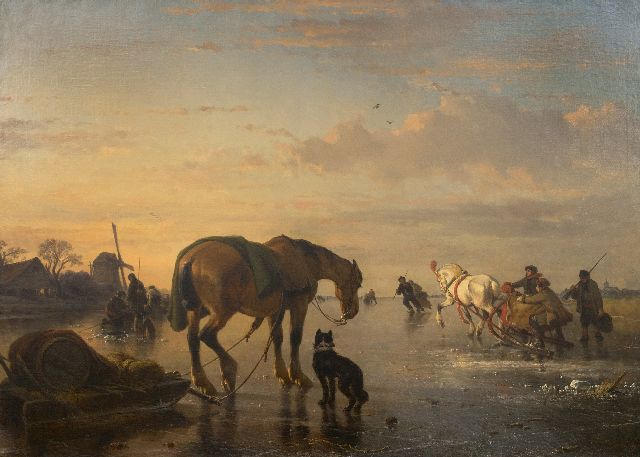 Joseph Moerenhout | Pferde und Schlitten auf dem Eis, Öl auf Leinwand, 85,0 x 118,5 cm, Unterzeichnet u.r.
