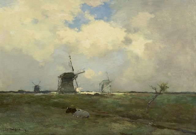 Jan Hendrik Weissenbruch | Mühlen in einer Polderlandschaft, Öl auf Leinwand, 57,2 x 83,3 cm, Unterzeichnet l.u.
