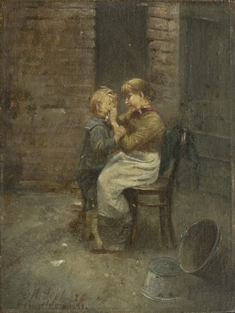 Lieberg M.  | Muttersorge, Öl auf Holz 12,0 x 9,0 cm, Unterzeichnet u.l. und 'Düsseldorf' 1891