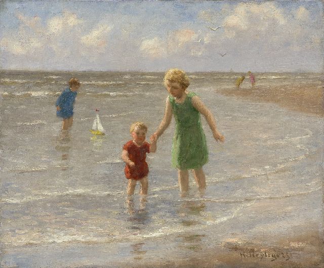 Henri Heijligers | Kinder barfuss im Wasser watend am Strand, Öl auf Leinwand, 38,1 x 46,0 cm, Unterzeichnet u.r.