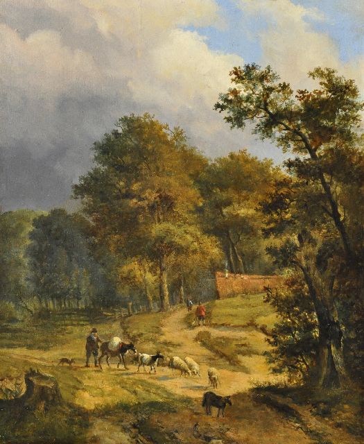 Louis Pierre Verwee | Hirt mit Vieh auf enem Waldweg, Öl auf Holz, 33,9 x 27,7 cm