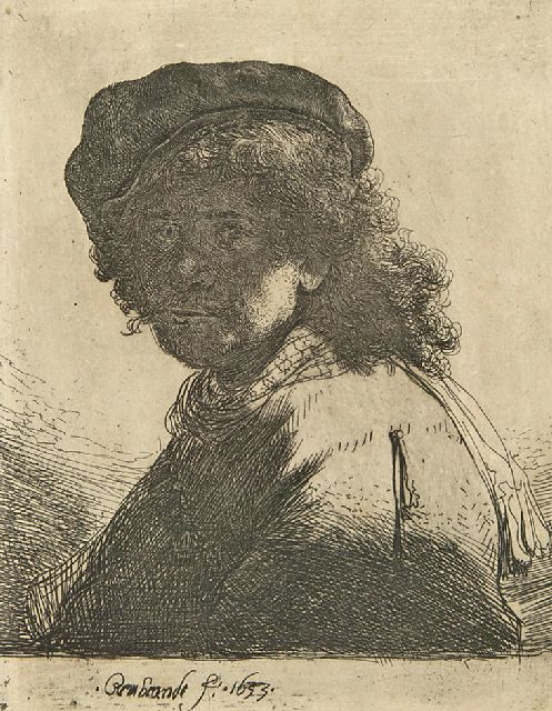 Rembrandt | Selbstbildnis mit Barett und Halstuch, Radierung auf Papier, 13,2 x 10,3 cm, Unterzeichnet M.u. in der Platte und datiert 1633 in der Platte