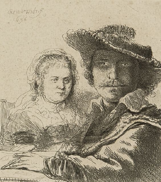 Rembrandt | Selbstbildnis mit Saskia, Radierung auf Papier, 10,5 x 9,4 cm, Unterzeichnet o.l. in der Platte und datiert 1636 in der Platte
