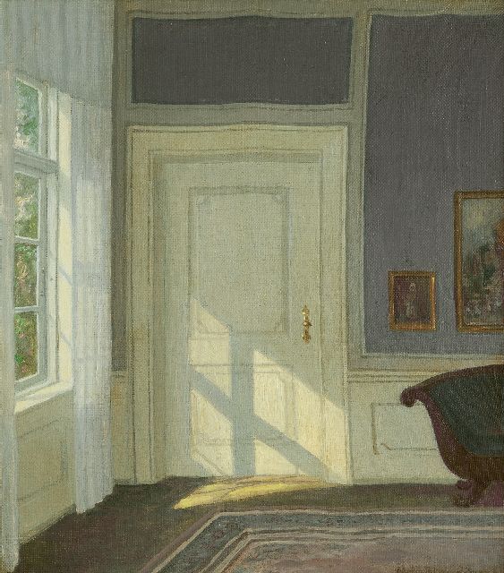 Henriksen W.  | Innenraum mit Sonnenschein, Öl auf Leinwand 33,7 x 30,1 cm, Unterzeichnet u.r.