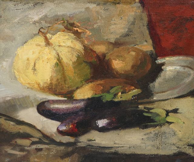 Coba Surie | Stilleben mit Auberginen, Öl auf Leinwand, 37,8 x 42,5 cm, Unterzeichnet im Verso