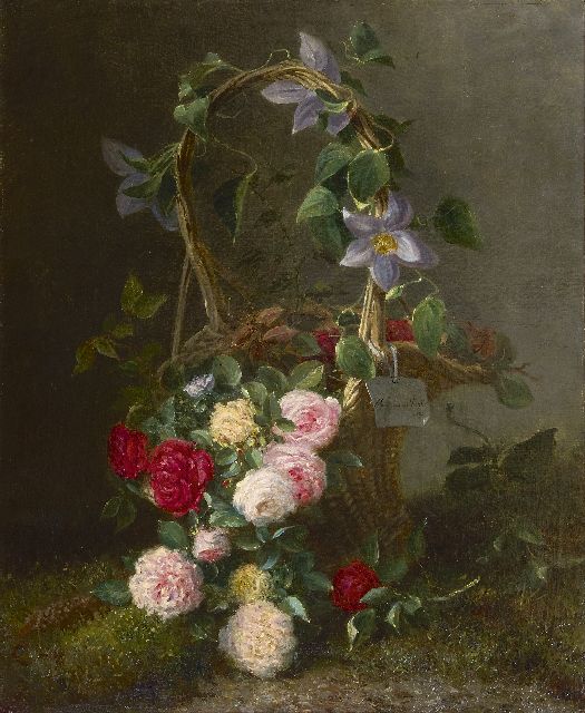 Voort in de Betouw-Nourney M. van der | Rosen in einem Zierkorb, Öl auf Leinwand 79,5 x 66,5 cm, Unterzeichnet M.r. auf Anhänger am Korb und datiert 1885