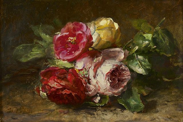 Anna Peters | Rosen auf Waldboden, Öl auf Leinwand, 21,5 x 31,5 cm, Unterzeichnet u.l.
