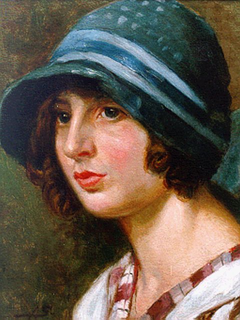 Adriaan Marinus Geijp | A young woman with a blue hat, 30,3 x 23,4 cm, signed l.l. with monogram