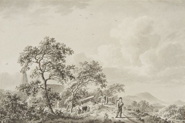 Barend Cornelis Koekkoek | Spaziergänger auf sandigem Weg bei einem Dorf, Feder, Pinsel und Tinte auf Papier, 17,5 x 26,0 cm, Unterzeichnet u.l.