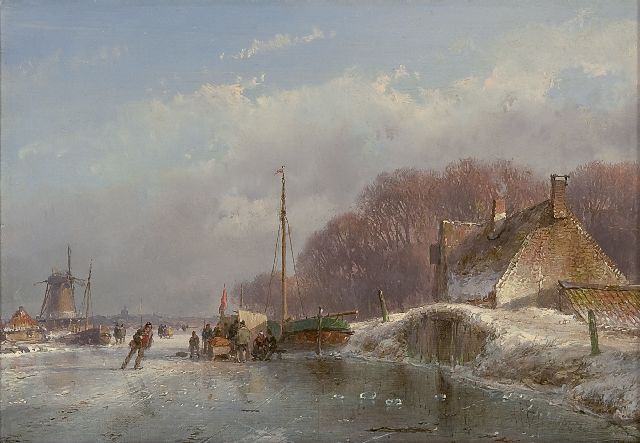 Andreas Schelfhout | Winter mit 'Koek-en-zopie'- Bude, Öl auf Tafel, 17,0 x 24,1 cm, Unterzeichnet u.r. und zu datieren um 1860