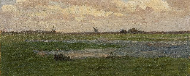 Constan Gabriel | Polderlandschaft mit Windmühlen in der Ferne, Öl auf Leinwand auf Holz, 16,0 x 38,0 cm