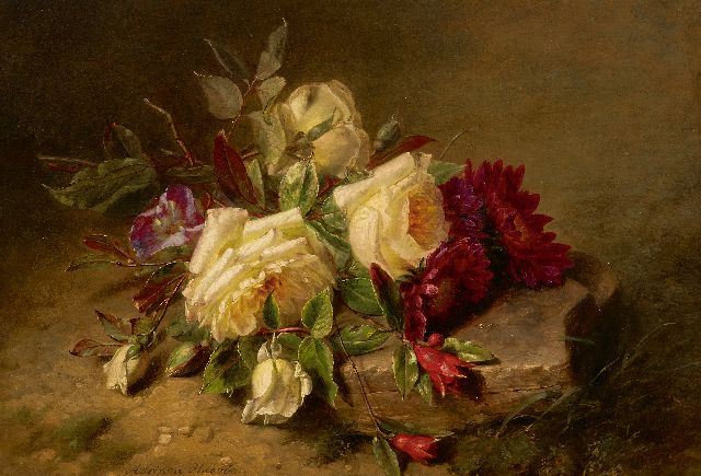 Adriana Haanen | Rosen und Chrysanthemen auf dem Waldboden, Öl auf Tafel, 25,5 x 36,0 cm, Unterzeichnet u.l.