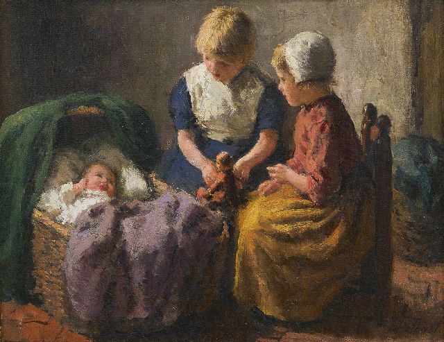 Pothast B.J.C.  | Zwei Mädchen und ein Baby, Öl auf Leinwand 20,4 x 25,7 cm, Unterzeichnet u.l.