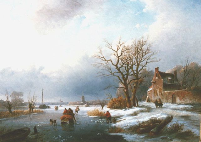 Jan Jacob Spohler | Frozen waterway with skaters, Öl auf Leinwand, 43,8 x 62,3 cm, signed l.r.