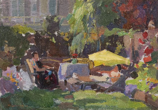 Leeuwen H. van | Damen auf Terrasse im Hintergarten, Öl auf Leinwand 35,2 x 49,9 cm, Unterzeichnet u.l.