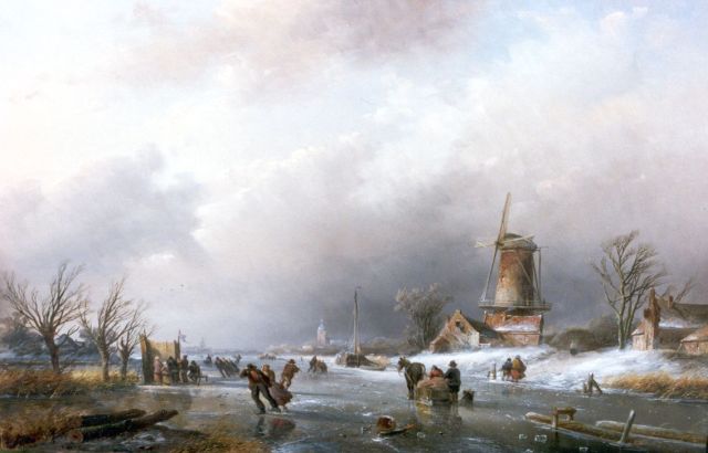 Jan Jacob Spohler | A winter landscape with skaters and a 'koek en zopie', Öl auf Holz, 41,6 x 62,0 cm, signed l.r.