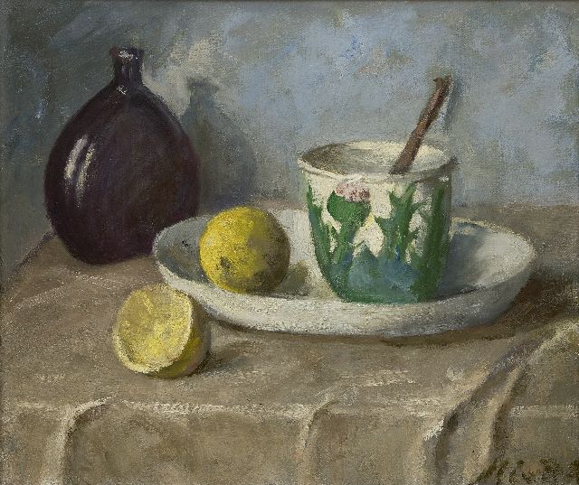 Marie van Regteren Altena | Stilleben mit Schale, Becher, Flasche und Zitronen, Öl auf Leinwand, 34,0 x 40,3 cm, Unterzeichnet u.r.