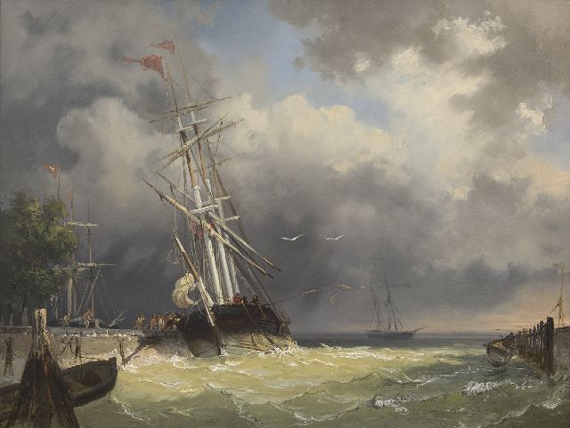 Frans Arnold Breuhaus de Groot | Ein Dreimaster, der in einem Sturm den Hafen betritt, Öl auf Tafel, 44,4 x 59,5 cm