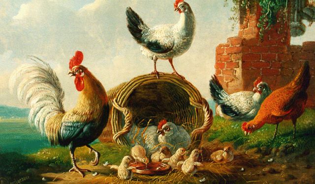Albertus Verhoesen | A rooster and chickens in a landscape, Öl auf Holz, 17,8 x 25,2 cm, signed l.l. und dated 1873