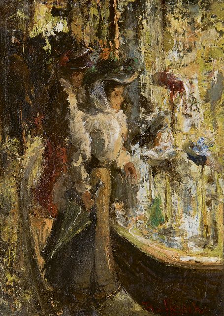 Frans Helfferrich | Elegante junge Frauen vor dem Schaufenster eines Hutgeschäfts am Abend, Öl auf Leinwand auf Holz, 16,1 x 12,1 cm, Unterzeichnet u.r.