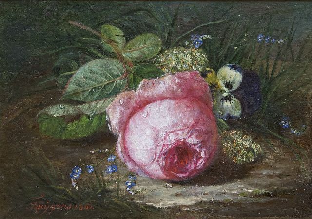 François Huygens | Rose und wilde Blumen, Öl auf Tafel, 18,9 x 26,1 cm, Unterzeichnet u.l. und datiert 1861